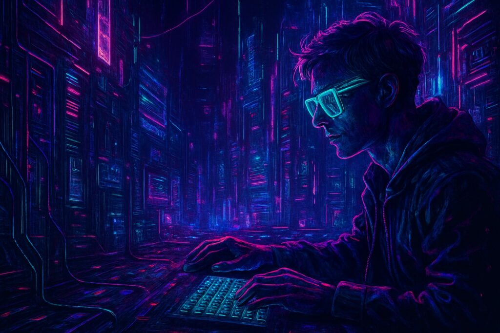 Una ilustración digital de estilo futurista cyberpunk que muestra a una joven interactuando con interfaces virtuales de aprendizaje, iluminada por luces de neón, representando el acceso a cursos gratuitos en línea y un entorno de aprendizaje tecnológico