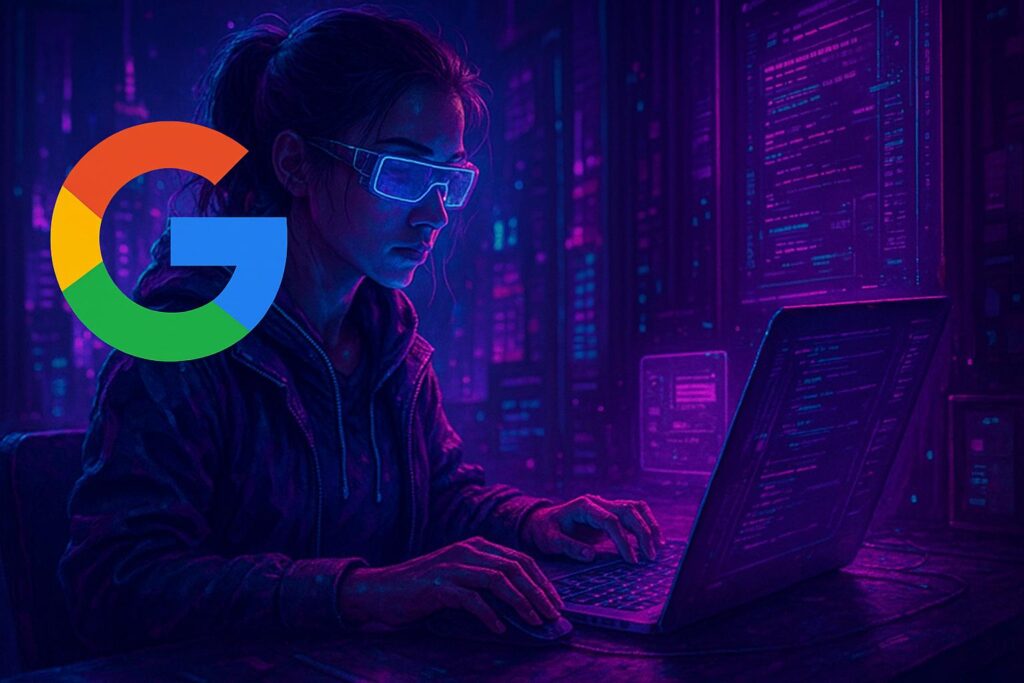 Una ilustración digital de estilo futurista cyberpunk que muestra a una joven interactuando con interfaces virtuales de aprendizaje, iluminada por luces de neón y acompañada del logotipo de Google, representando el acceso a cursos gratuitos en línea y un entorno de aprendizaje tecnológico