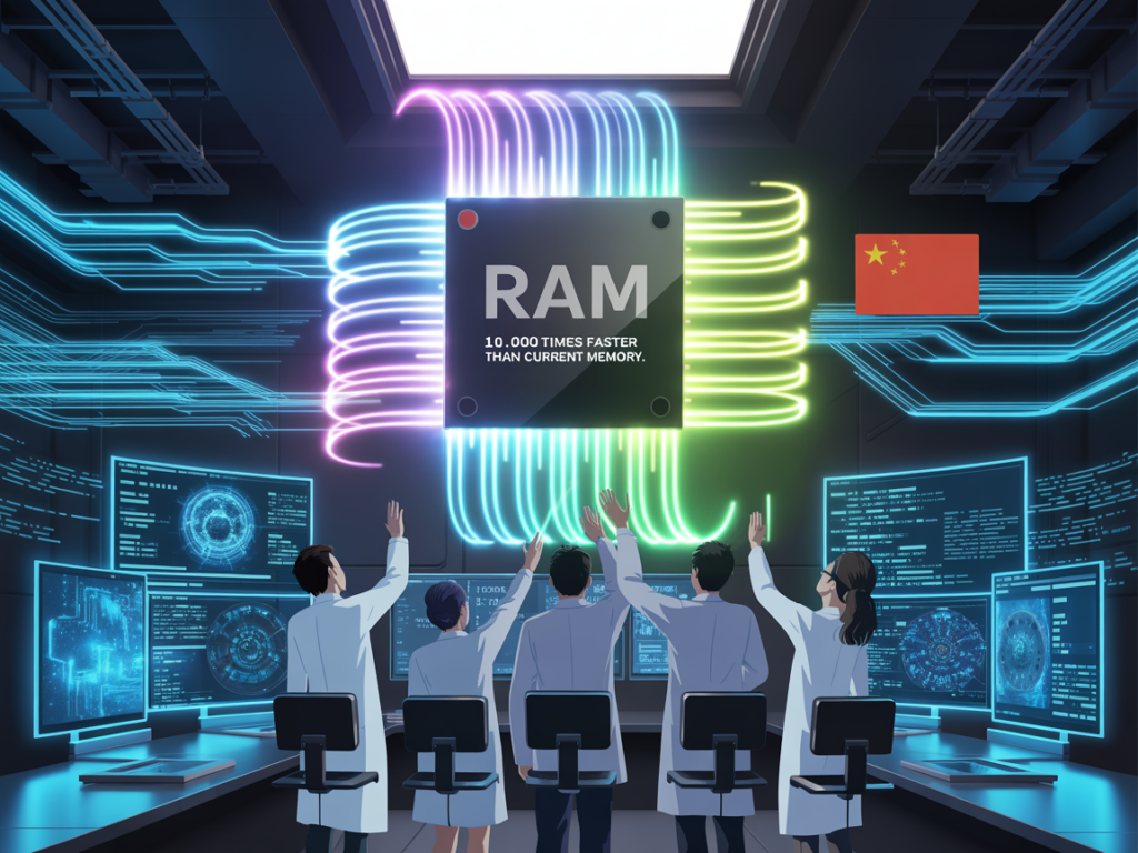 Fotografía conceptual de un chip de memoria RAM basada en grafeno desarrollado por investigadores chinos, simbolizando velocidad y revolución tecnológica.