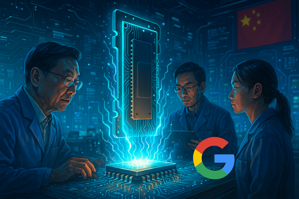 Fotografía conceptual de un chip de memoria RAM basada en grafeno desarrollado por investigadores chinos, simbolizando velocidad y revolución tecnológica.