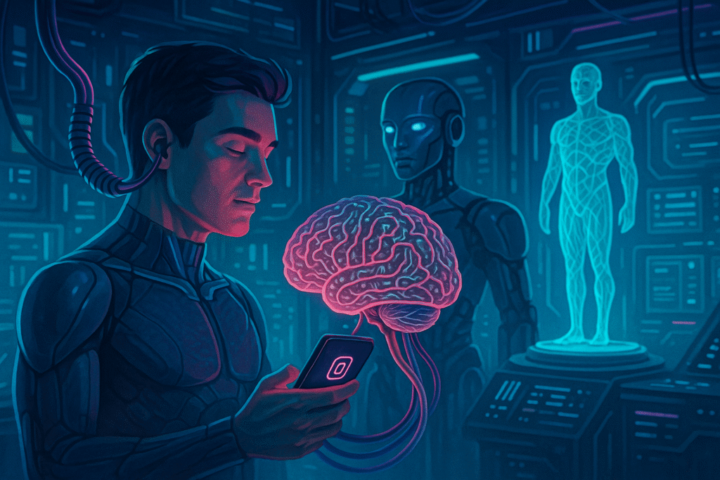 Ilustración futurista de un humano conectado a un cerebro digital, con un androide al fondo y un cuerpo humano impreso en 3D, representando la fusión de biotecnología, inteligencia artificial y conciencia
