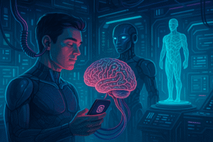 Ilustración futurista de un humano conectado a un cerebro digital, con un androide al fondo y un cuerpo humano impreso en 3D, representando la fusión de biotecnología, inteligencia artificial y conciencia