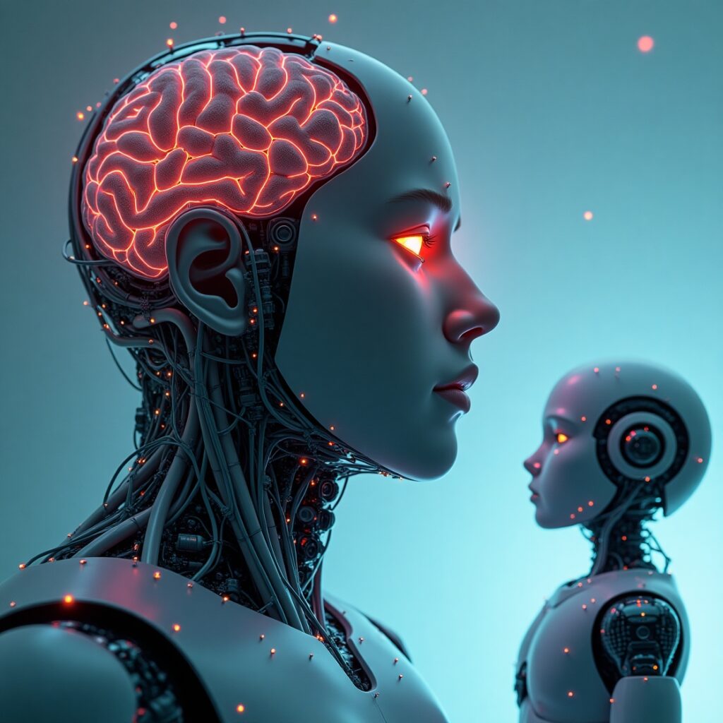 Ilustración futurista de un humano conectado a un cerebro digital, con un androide al fondo y un cuerpo humano impreso en 3D, representando la fusión de biotecnología, inteligencia artificial y conciencia