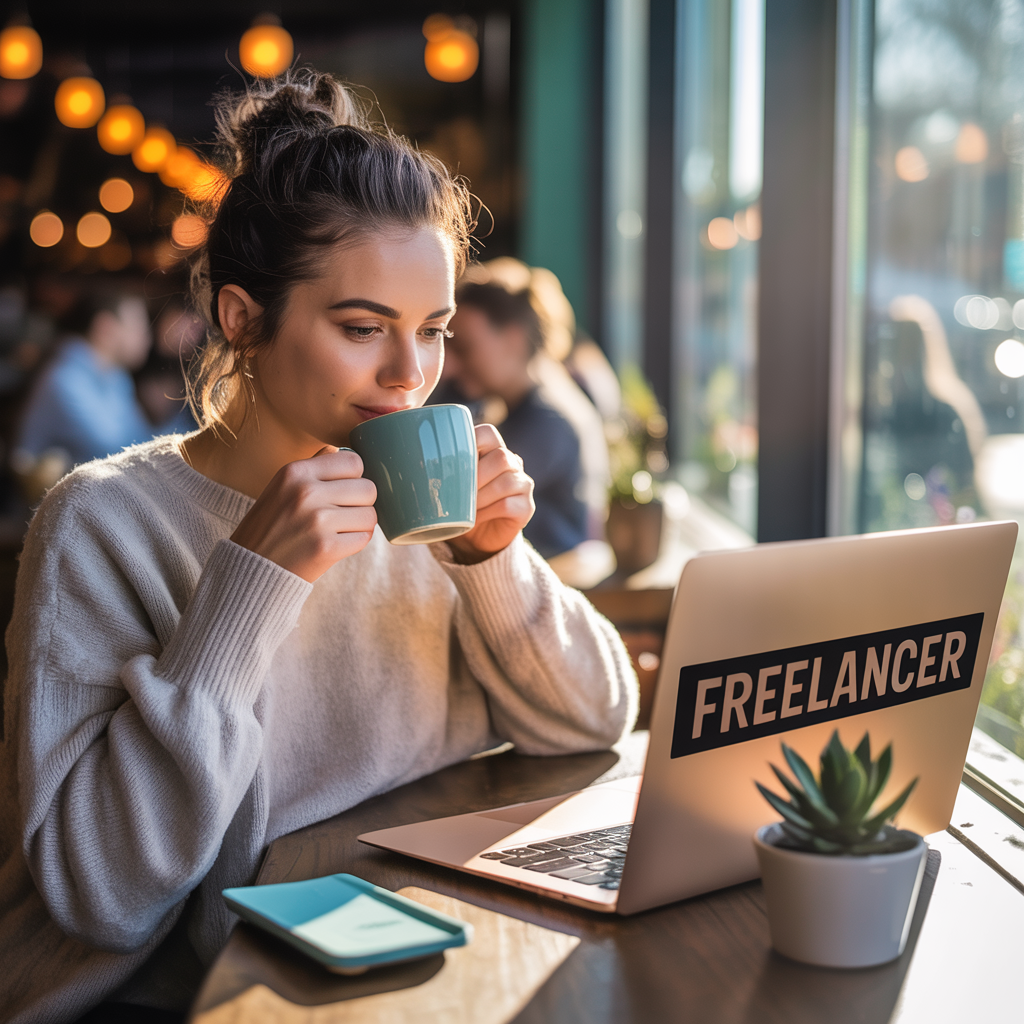 Freelancer trabajando desde una laptop con café y bloc de notas, desde casa o un coworking.