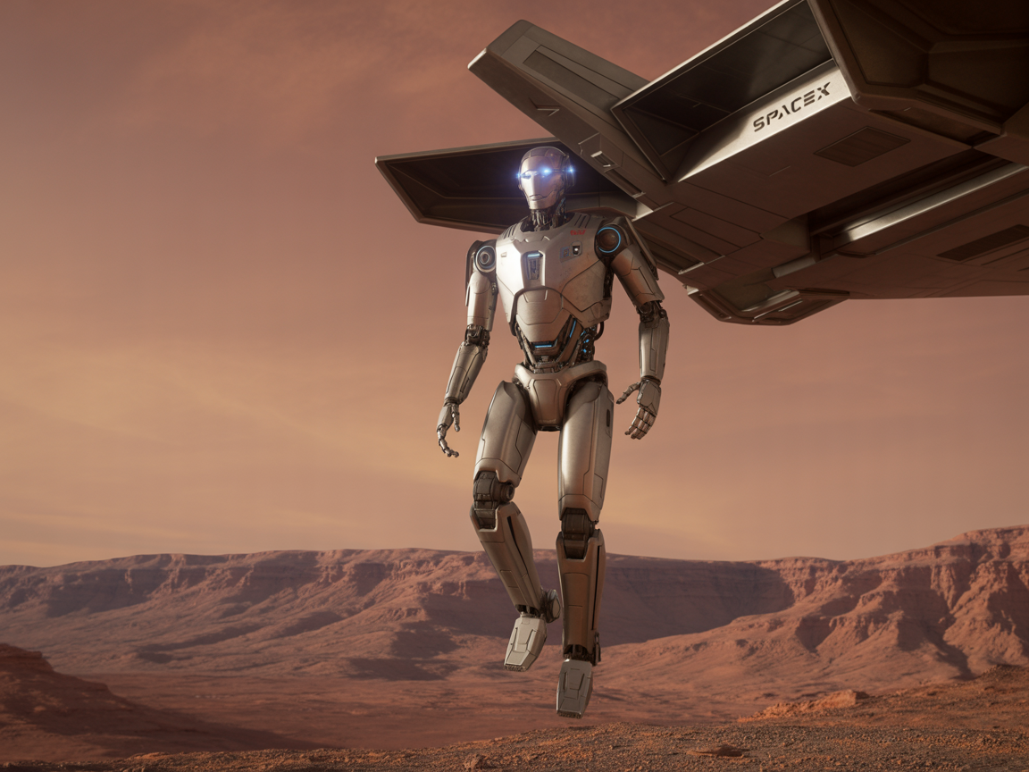 Una ilustración digital futurista muestra al robot humanoide Optimus descendiendo en la superficie de Marte desde la nave Starship de SpaceX, con un paisaje marciano al fondo lleno de rocas y un cielo rojizo.