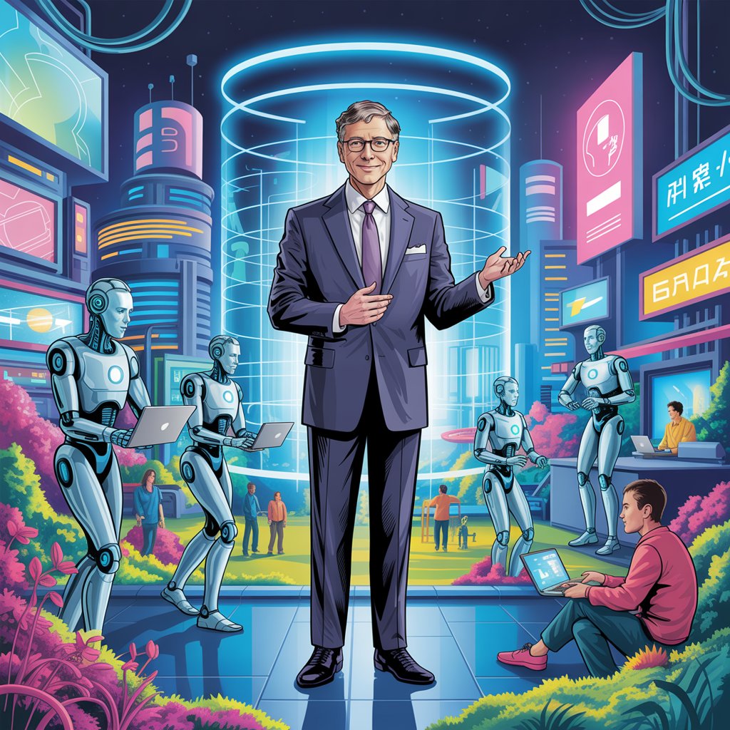 Bill Gates en conferencia tecnológica hablando sobre inteligencia artificial, acompañado de gráficos futuristas que simbolizan la reducción de la jornada laboral.