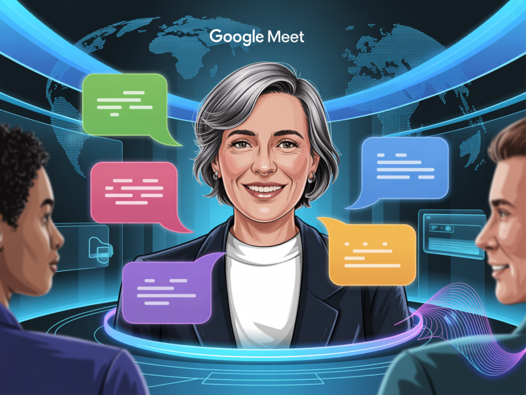 Captura de pantalla de una videollamada en Google Meet con la nueva función de traducción de voz en tiempo real activada, mostrando subtítulos traducidos automáticamente entre inglés y español.