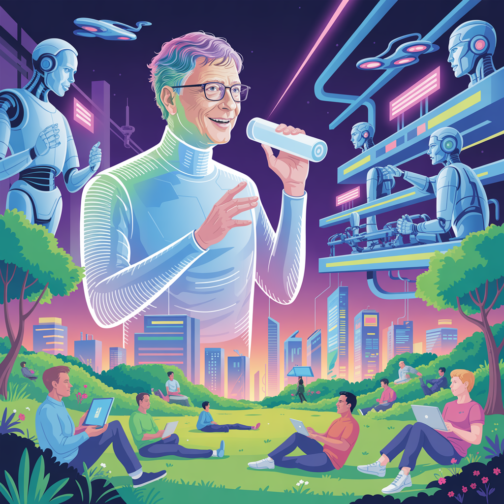 Bill Gates en conferencia tecnológica hablando sobre inteligencia artificial, acompañado de gráficos futuristas que simbolizan la reducción de la jornada laboral.