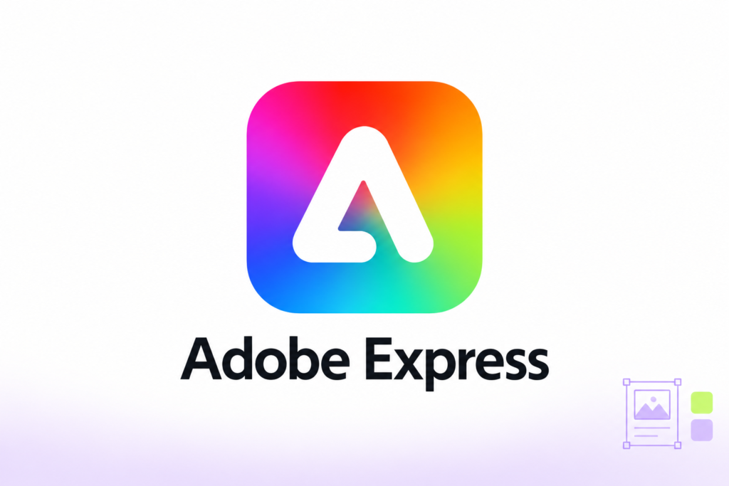 Logotipo de Adobe Express junto a un cartel ilustrado y dos muestras de color.