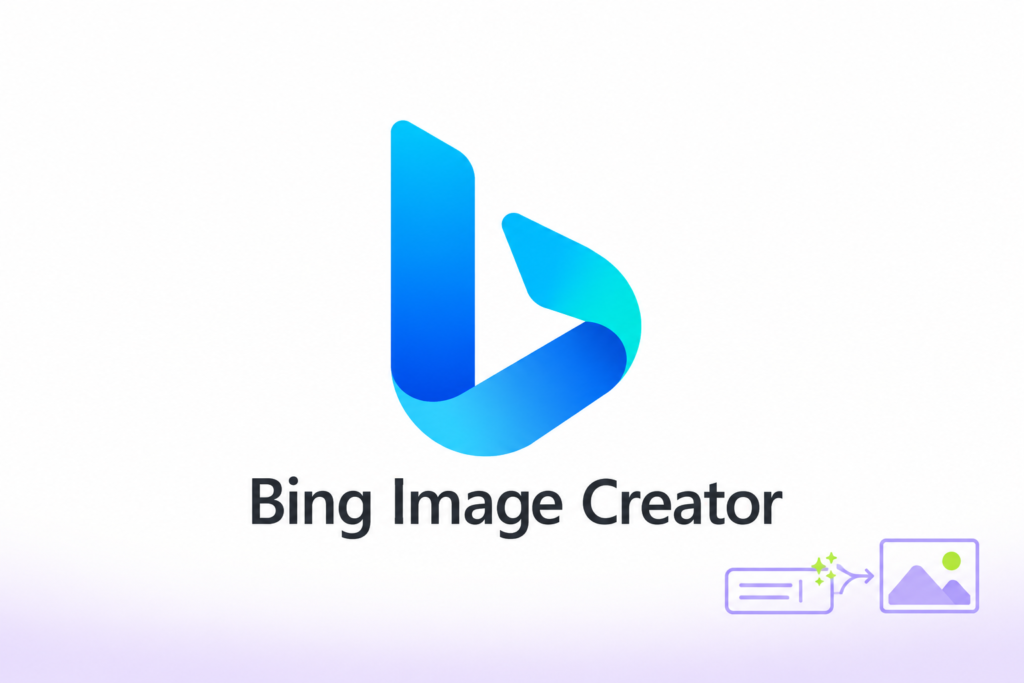 Logotipo de Bing Image Creator junto a un cuadro de texto que se transforma en una imagen.