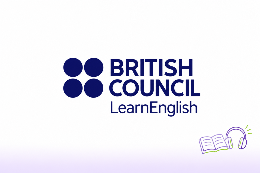 Logotipo de British Council LearnEnglish junto a un libro abierto y unos auriculares.