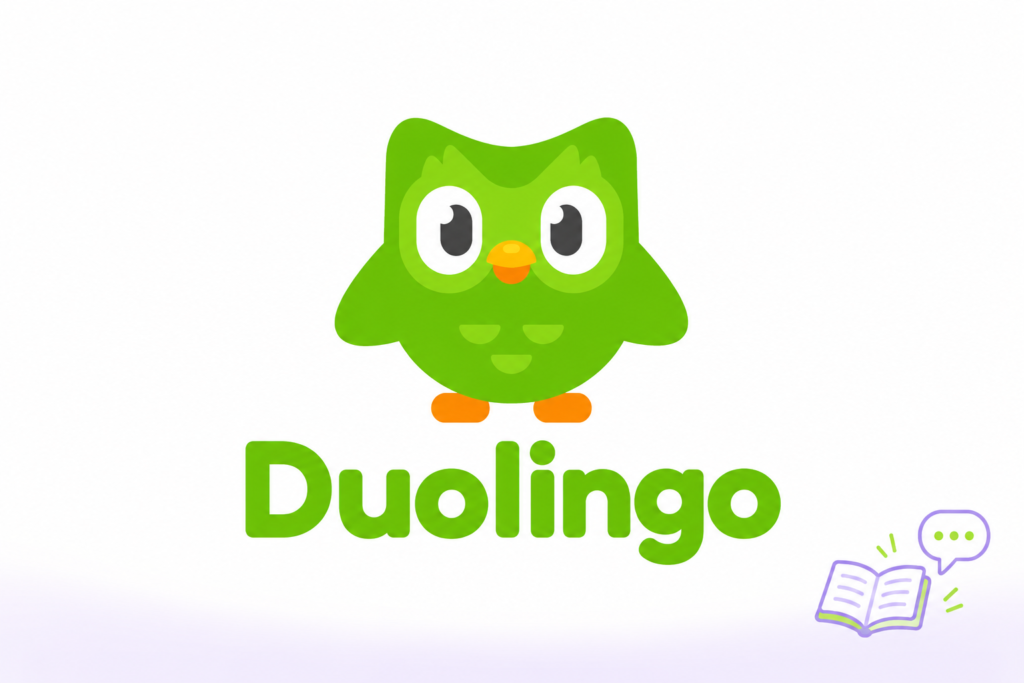 Búho de Duolingo junto a un libro abierto y una burbuja de conversación.