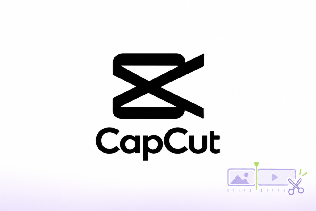 Logotipo de CapCut junto a clips de vídeo y unas tijeras de edición.