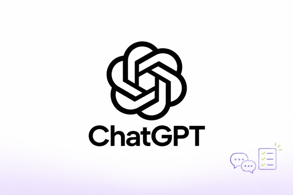 Logotipo de ChatGPT junto a dos burbujas de conversación y una lista de tareas.