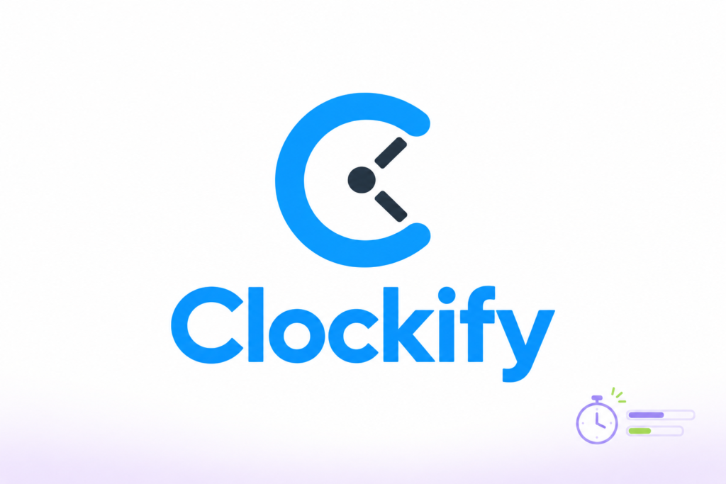 Logotipo de Clockify junto a un cronómetro y dos barras de registro de tiempo.