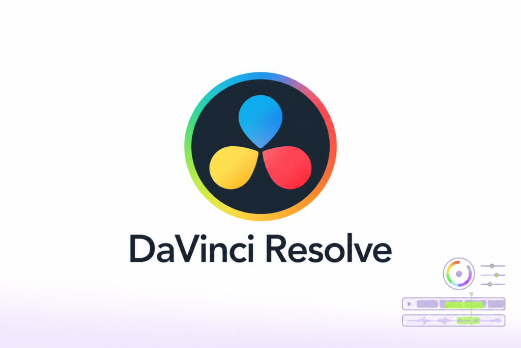 Logotipo de DaVinci Resolve junto a controles de color y pistas de vídeo y audio.