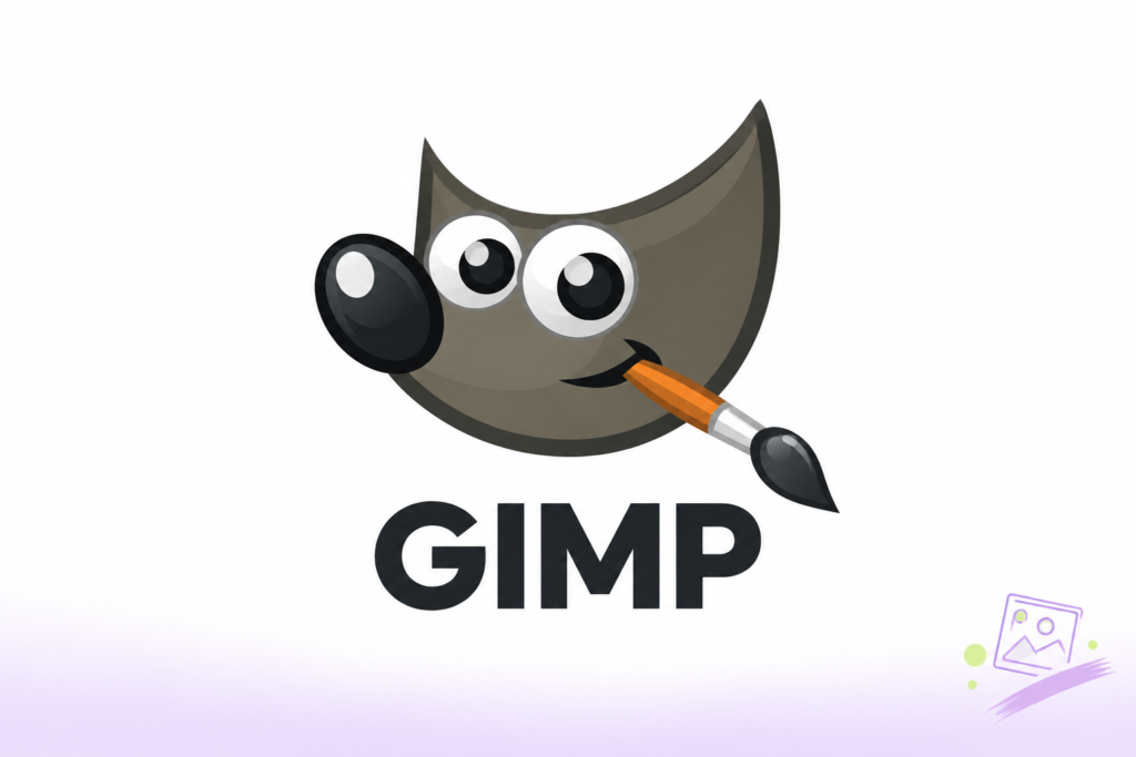 Mascota de GIMP con un pincel, junto a una fotografía ilustrada y una pincelada.