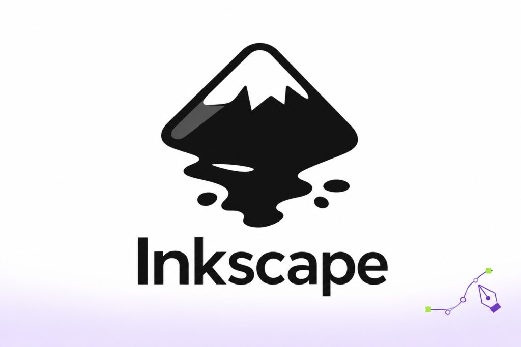 Logotipo de Inkscape junto a una curva vectorial con nodos y una plumilla.