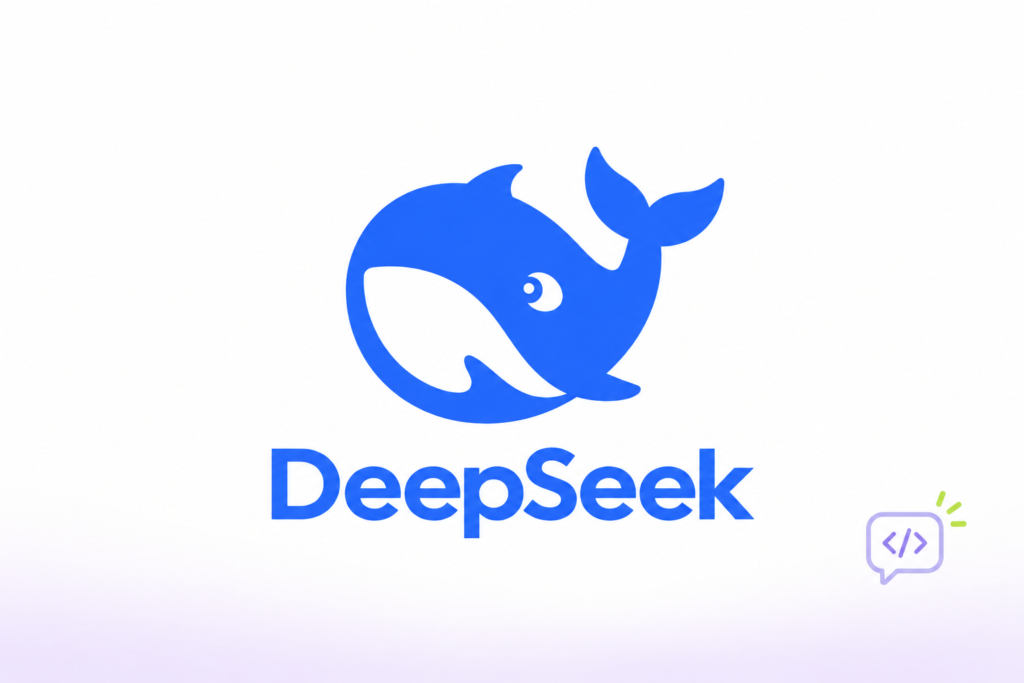 Logotipo de DeepSeek junto a una burbuja de conversación con símbolos de código.