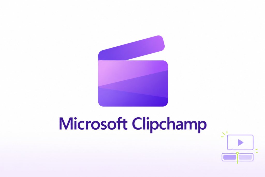 Logotipo de Microsoft Clipchamp junto a una pantalla de reproducción y una línea de tiempo.