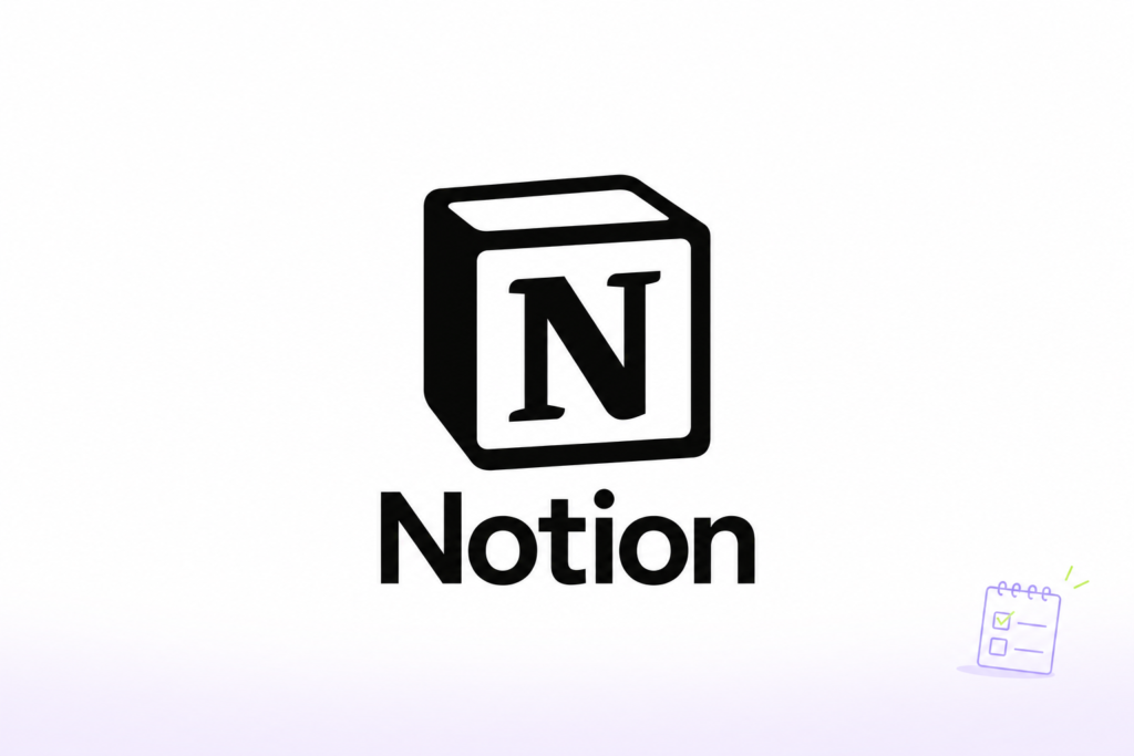 Logotipo de Notion junto a una libreta con casillas de tareas.