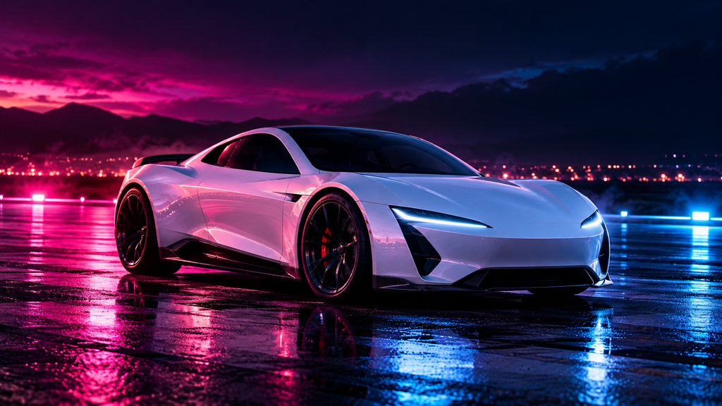 Ilustración conceptual de un automóvil deportivo eléctrico inspirado en el Tesla Roadster 2026, con iluminación futurista.