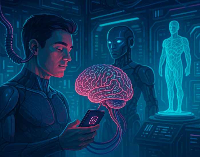Ilustración futurista de un humano conectado a un cerebro digital, con un androide al fondo y un cuerpo humano impreso en 3D, representando la fusión de biotecnología, inteligencia artificial y conciencia