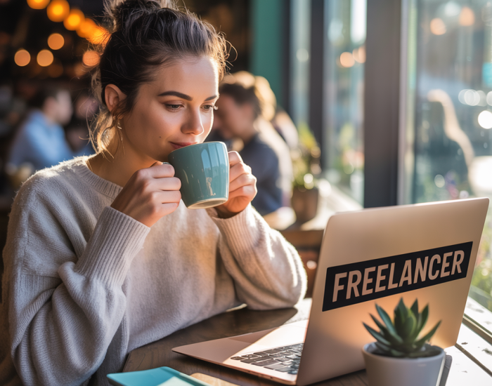 Freelancer trabajando desde una laptop con café y bloc de notas, desde casa o un coworking.