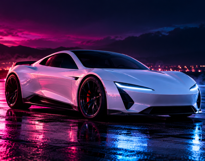 Ilustración conceptual de un automóvil deportivo eléctrico inspirado en el Tesla Roadster 2026, con iluminación futurista.