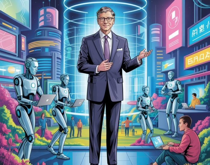 Bill Gates en conferencia tecnológica hablando sobre inteligencia artificial, acompañado de gráficos futuristas que simbolizan la reducción de la jornada laboral.