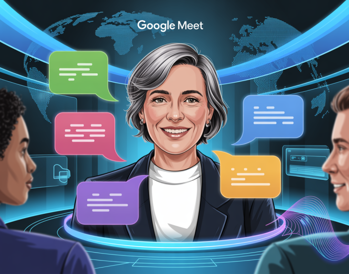 Captura de pantalla de una videollamada en Google Meet con la nueva función de traducción de voz en tiempo real activada, mostrando subtítulos traducidos automáticamente entre inglés y español.